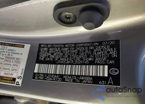 2020 Lexus Ux 200 из США, поврежденный, VIN JTHX3JBH7L2029145